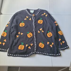 Quacker Factory Sweater Womens 3X Black Pumpkin Candy Corn Cardigan Halloween
